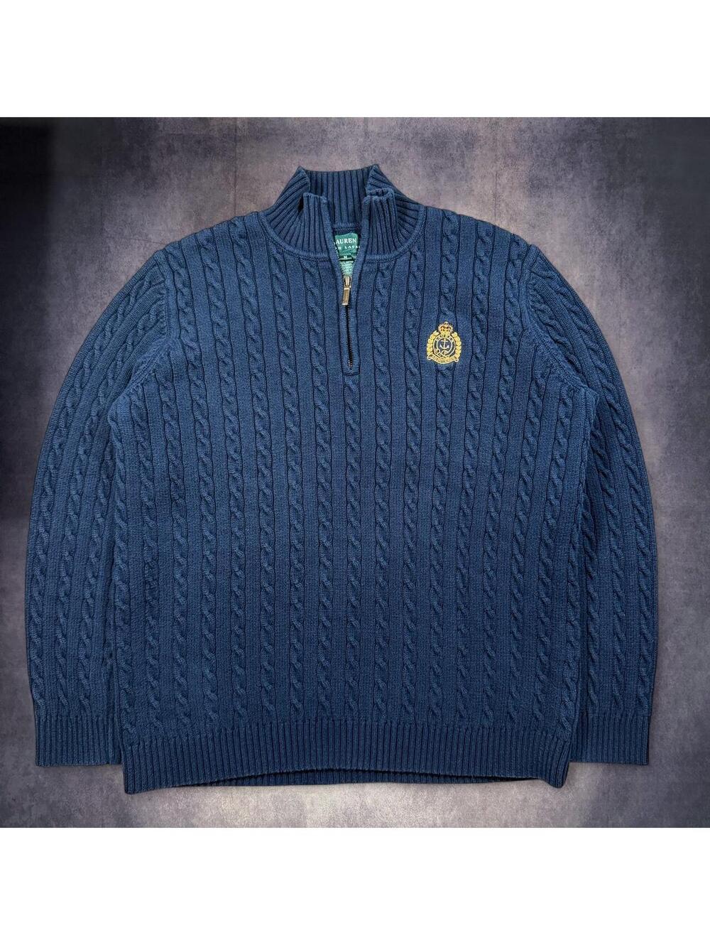 Lauren Ralph Lauren Navy Cable Knit Cotton 1/4 zip Sweater